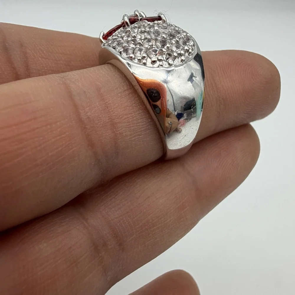 Vtg Sterling Silver 925 Ruby & White Topaz Ring Dome Pave Sz 7 HSN QVC Kelly Ann
